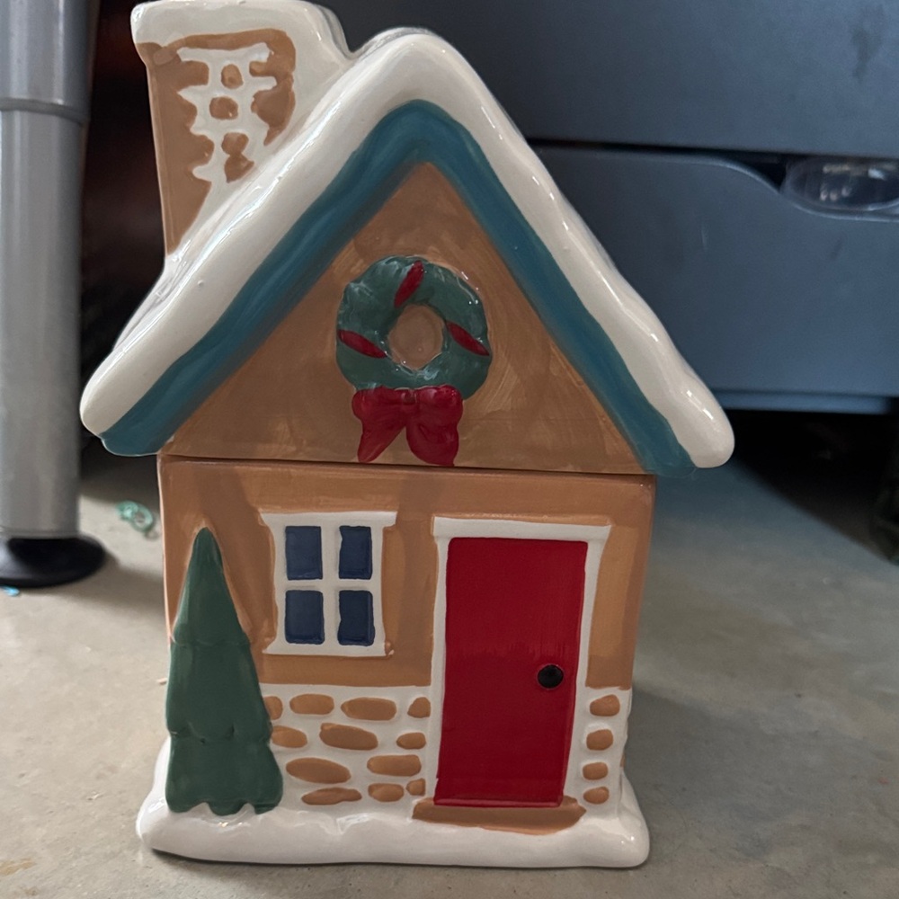 Festive Ceramic Holiday House with Red Door